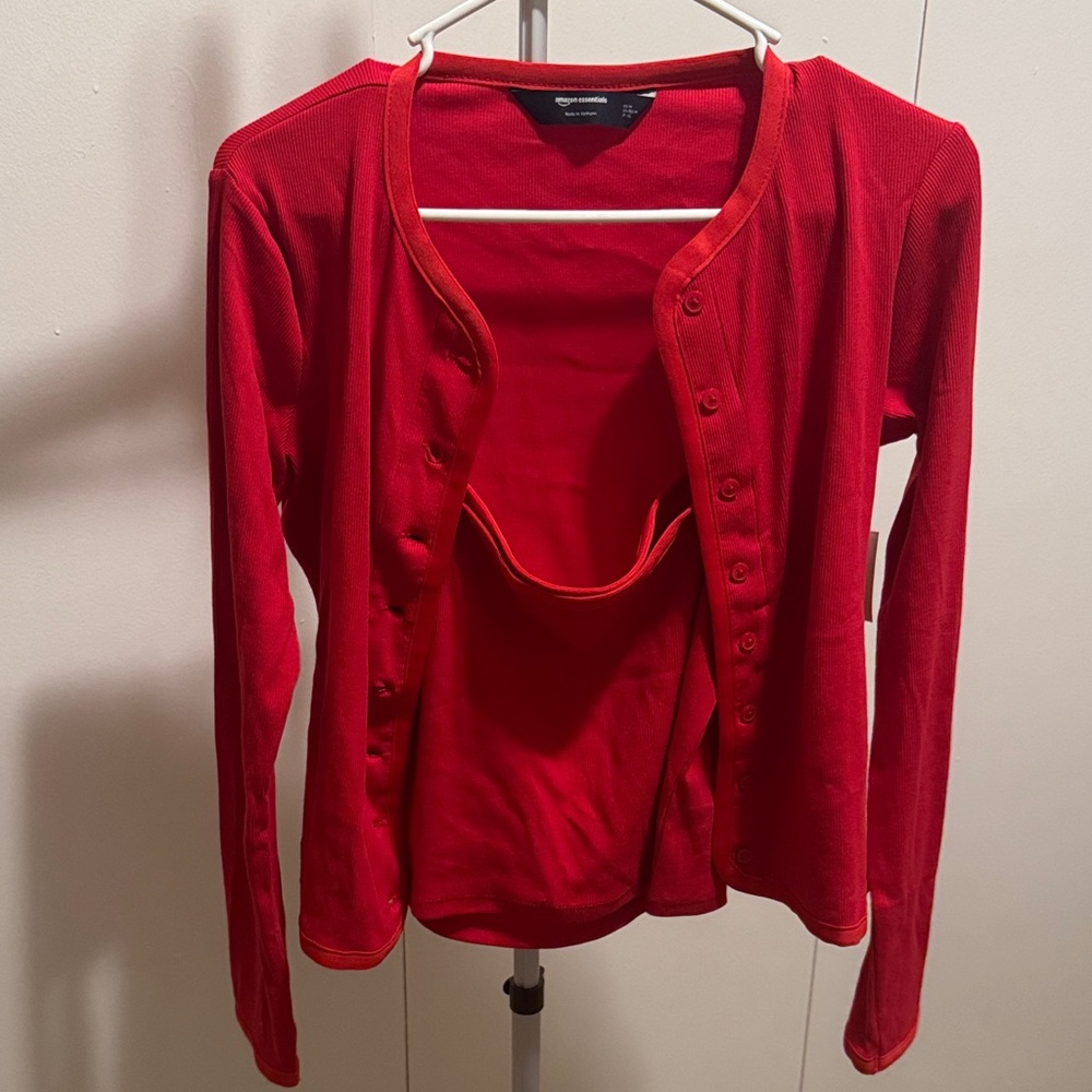 Amazon essentials Red Button-Front Cardigan with … - image 1